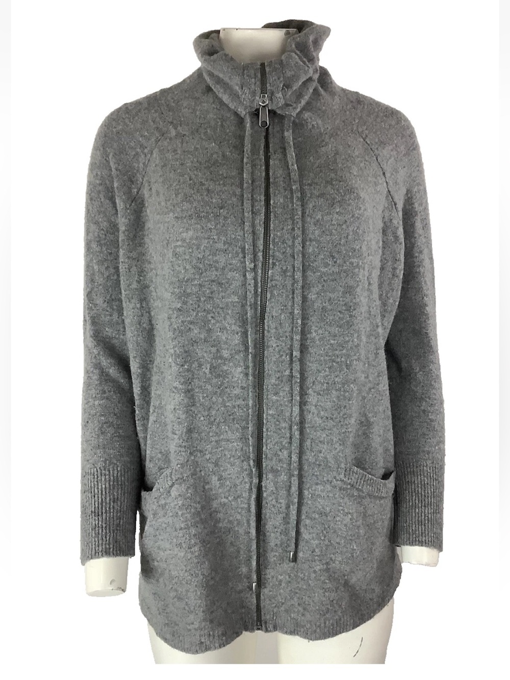 Ellen Tracy Sz S 100% Wool Full Zip Cowl Neck Fall Winter Cardigan Gray